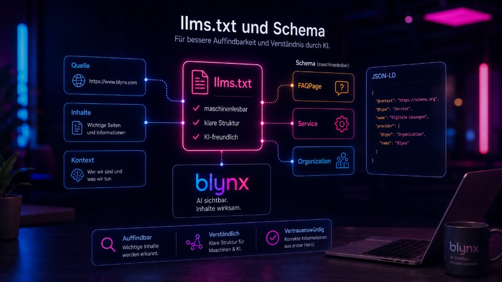 Strukturierte Daten und llms.txt als kuratierte Inhaltskarte für AI-Systeme.