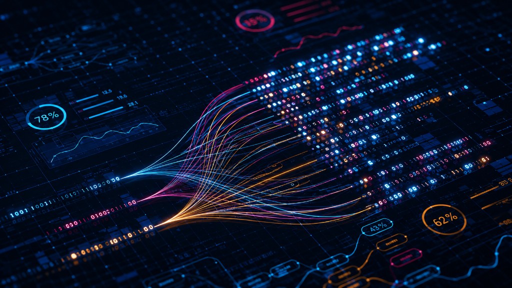 Visualisierung von Datenströmen und binären Mustern als Symbol für AI-Crawler und technische Inhaltsverarbeitung