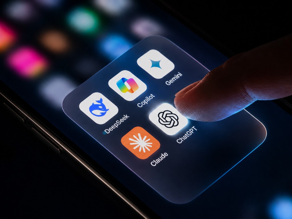 Smartphone mit AI-Apps wie ChatGPT, Claude, Copilot, Gemini und DeepSeek – Symbol für AI-Monitoring über verschiedene Plattformen