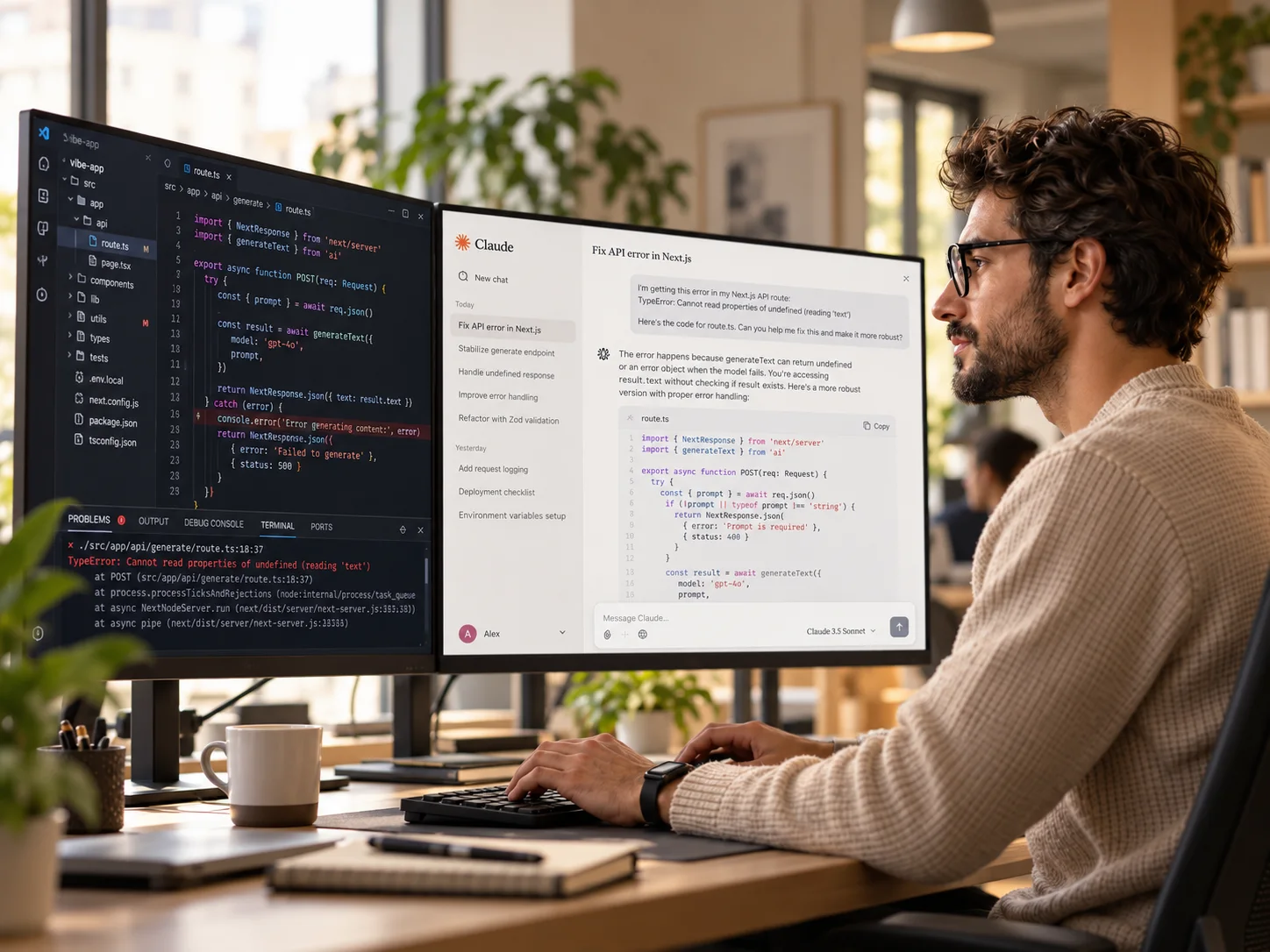 Entwickler am Schreibtisch mit KI-Codehilfe bei der Arbeit an einer App