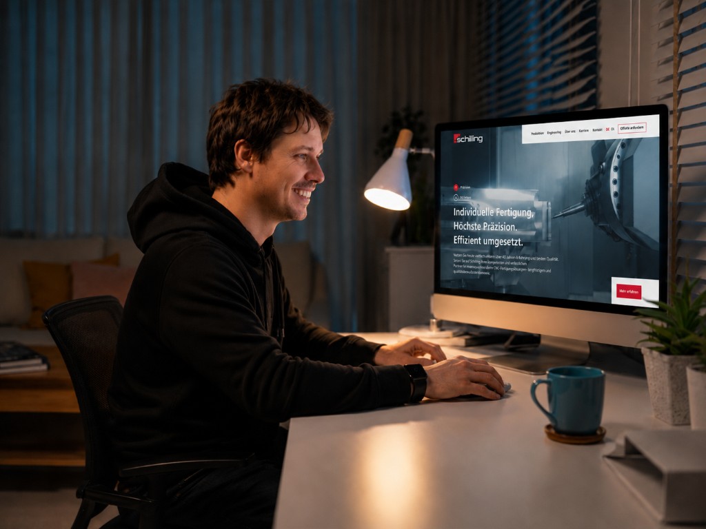 Mann sitzt am Desktop und betrachtet eine fertig entwickelte Website im Dunkeln