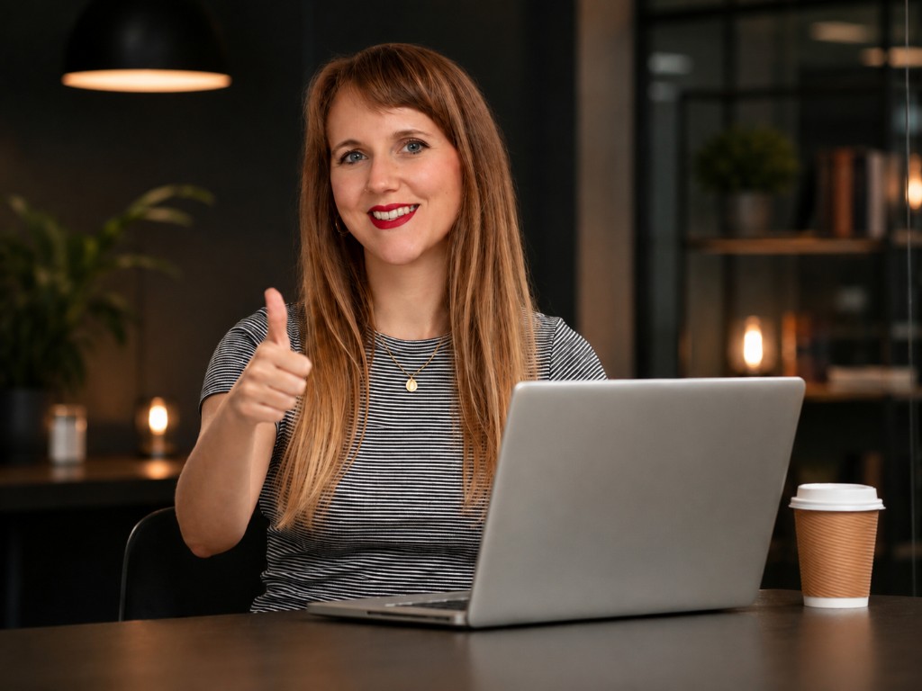 Frau am Laptop zeigt Daumen hoch nach erfolgreichem Website-Launch